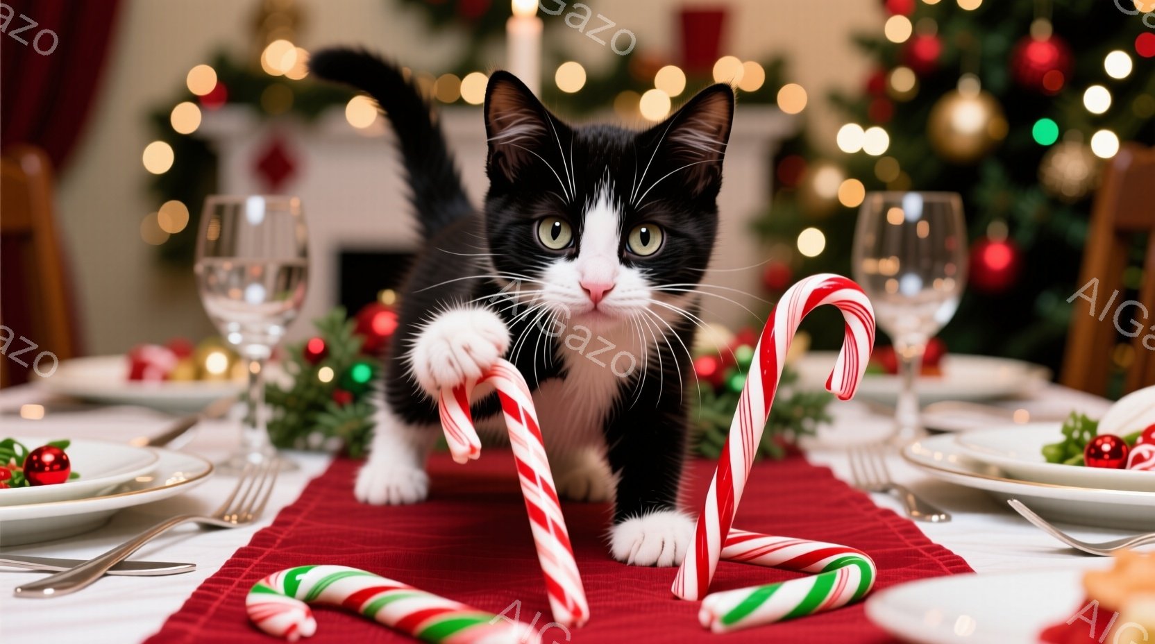 白と黒のまだら模様の小さな子猫が、クリスマスの食卓の赤いテーブルランナーの上に座り、左右に曲がったキャンディケーンを前足で挟んでいます。背景には、ぼやけたクリスマスツリーの光と、クリスマスの飾り付けが - AI生成フリー素材