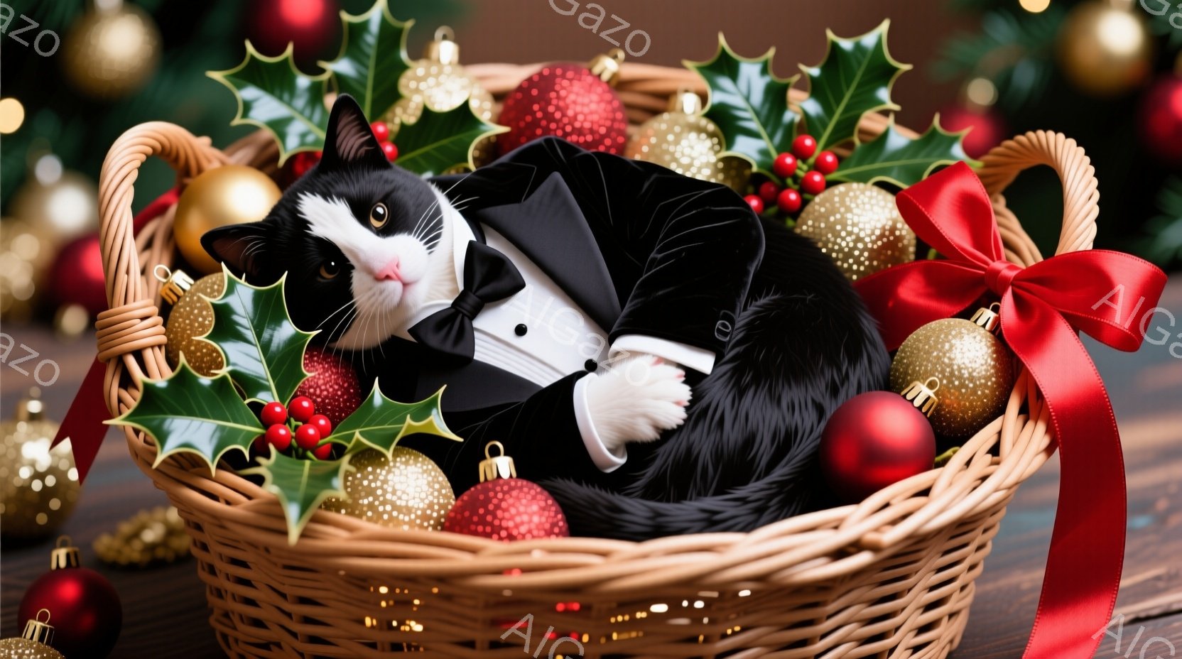 白と黒の猫が、クリスマスデコレーションの入った籐の籠の中に横たわっています。猫は黒いタキシードと蝶ネクタイを身に着け、リラックスした表情で、まるで特別な日のために着飾っているかのようです。背景には、赤い実の付いた緑の葉と金色のクリスマスオーナメントが散りばめられ、温かくお祝いムードに包まれています。