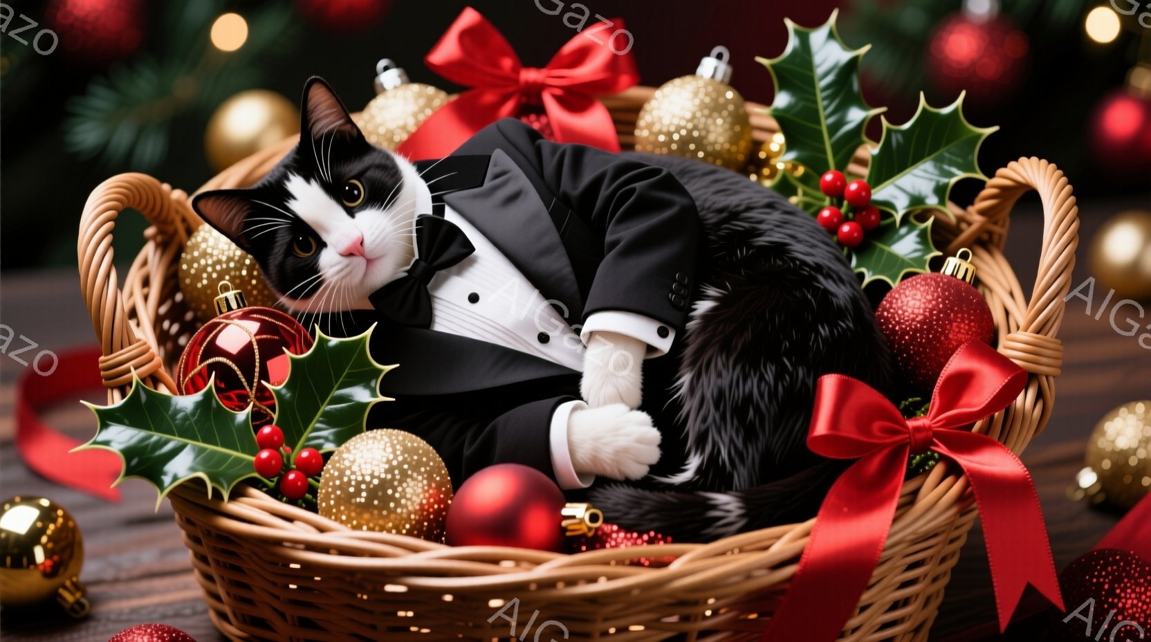 白と黒の猫が、クリスマスらしい編み込みのバスケットに横たわっています。黒いタキシードを着て、リボンで飾られ、少し眠そうな表情をしています。背景には、クリスマスオーナメントや緑の葉が飾られ、温かくお祝い - AI生成フリー素材