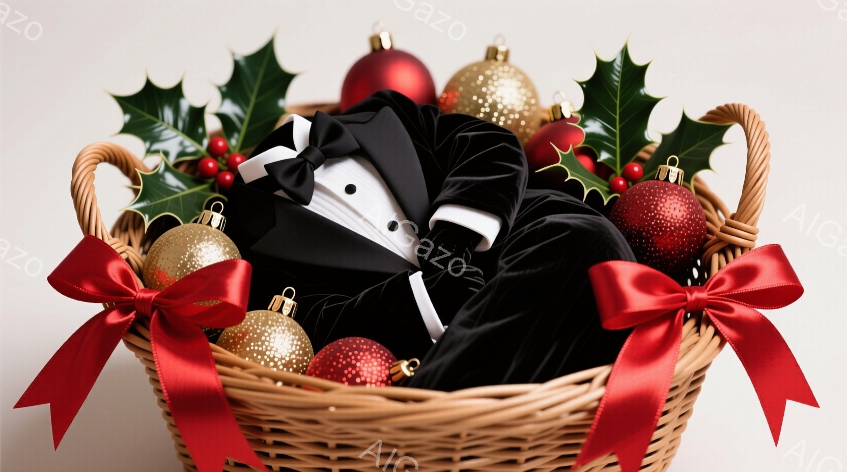 籐製のバスケットの中に、黒のベルベットのような服、白いシャツ、蝶ネクタイが詰め込まれています。バスケットの周りには、赤いリボンで飾られた金色のオーナメントや赤いオーナメント、そして緑色の葉が配置され、クリスマスの装飾が施されています。全体的に、遊び心のある、お祝いの雰囲気が漂っています。