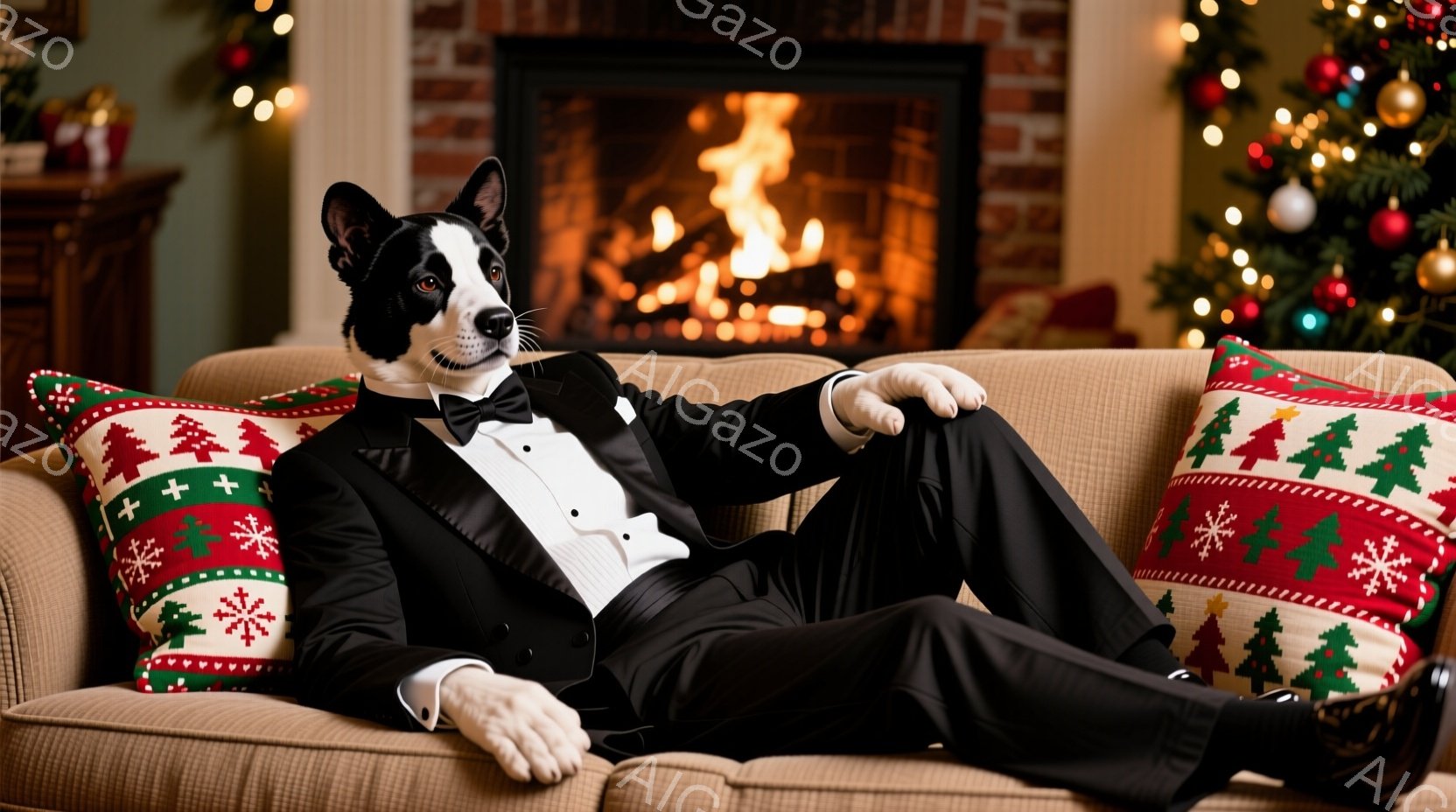 ソファにゆったりと横たわる犬が、タキシード姿で描かれています。クリスマスの飾り付けがされた背景には暖炉があり、温かい光が差し込んでいます。リラックスした雰囲気の中で、犬は自信に満ちた表情を浮かべており - AI生成フリー素材
