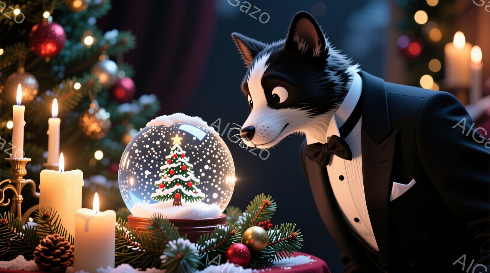 白黒の毛並みを持つ犬が、タキシード姿でスノーグローブを見つめています。背景には、点灯したキャンドル、クリスマスツリーの飾り、そして雪が積もったテーブルクロスが見え、華やかで暖かいクリスマスの雰囲気が漂 - AI生成フリー素材
