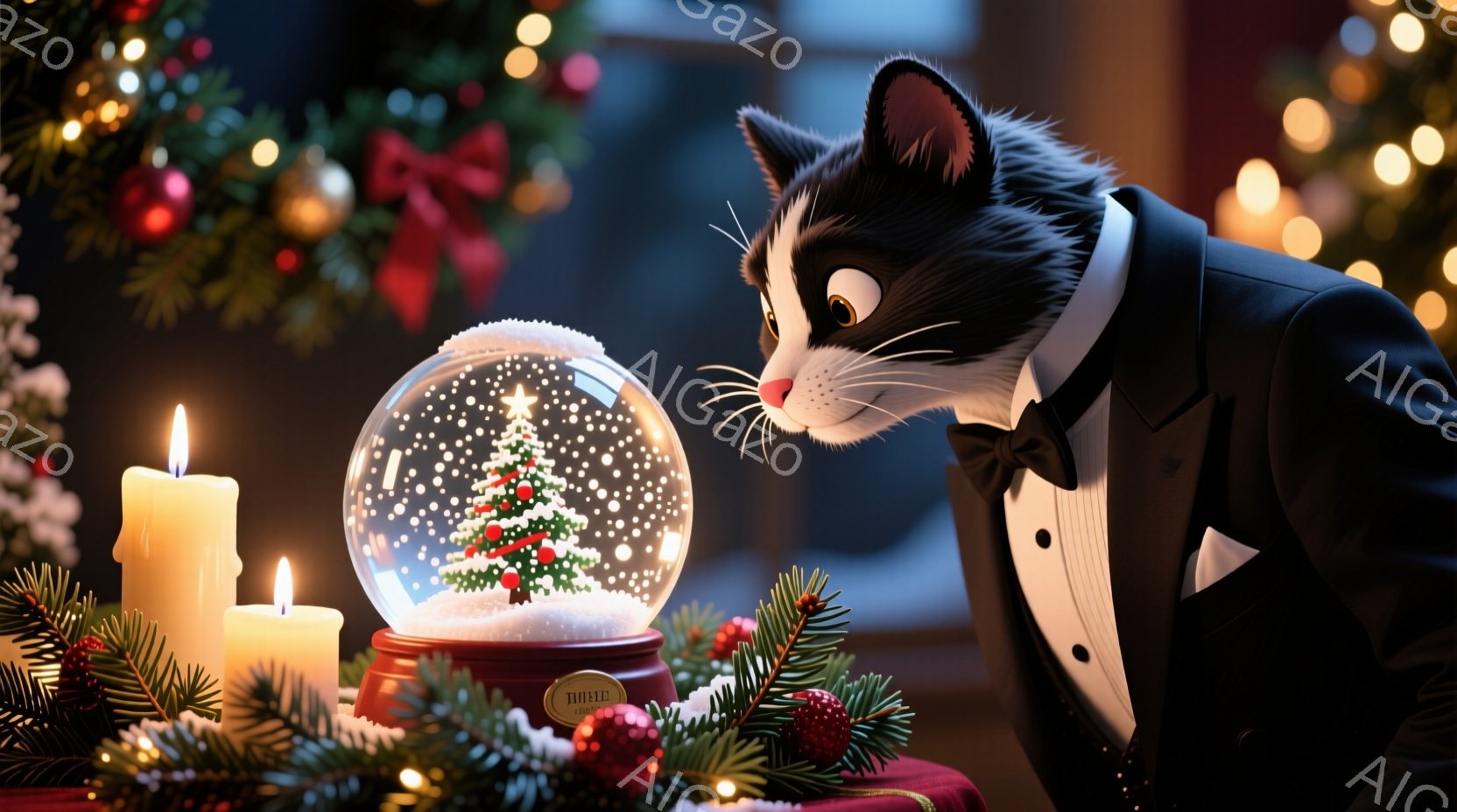 黒と白の猫がタキシードを着て、クリスマスのスノーグローブをじっと見つめています。背景には赤いテーブルクロスの上に配置されたキャンドルと、緑の飾り付けがあり、クリスマスの雰囲気が漂っています。全体的に温 - AI生成フリー素材