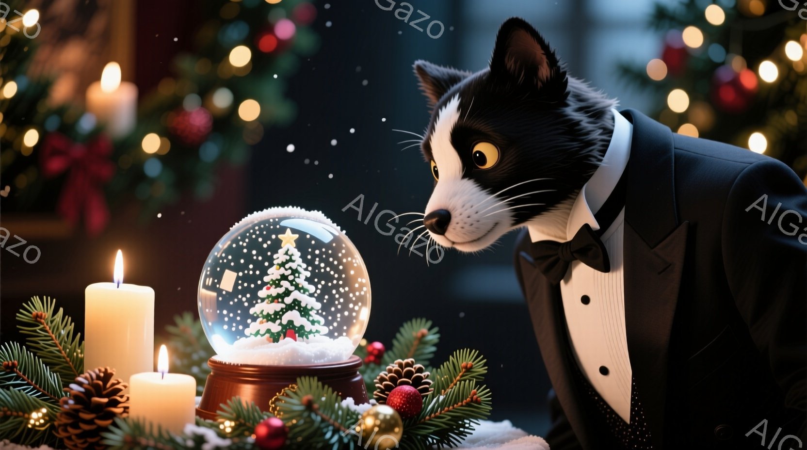 白と黒の毛並みを持つ猫が、黒いタキシードと蝶ネクタイを身に着けて、雪の入ったクリスマスのオーナメントの雪の玉をじっと見つめています。背景には、点灯したキャンドル、松ぼっくり、装飾されたクリスマスの木が - AI生成フリー素材