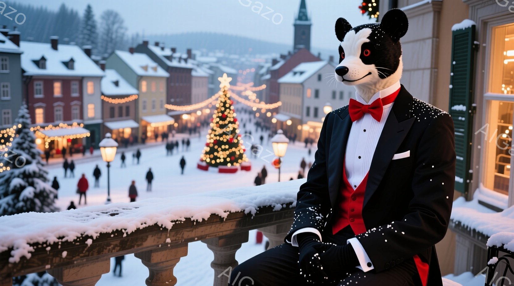 雪に覆われた街並みを背景に、黒いタキシードと赤いベスト、蝶ネクタイを身につけた動物のキャラクターが描かれている。キャラクターはバルコニーに座り、片手を重ねて落ち着いた様子で、雪が舞う冬の穏やかな雰囲気 - AI生成フリー素材