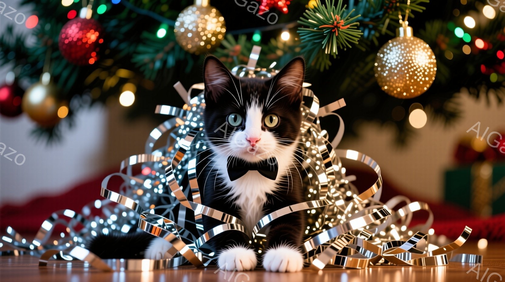 白と黒の猫がクリスマスツリーの足元で、銀色のリボンに囲まれて座っています。 黒い蝶ネクタイをつけ、少し驚いたような表情でカメラを見ています。 背景には、輝くクリスマスツリーと赤いカーペットが見え、暖か - AI生成フリー素材