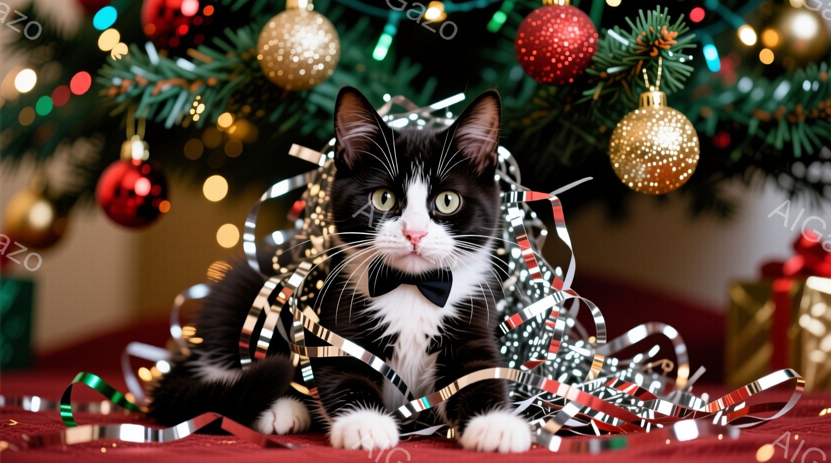 白と黒の猫が赤い背景に座っており、首には蝶ネクタイが結ばれています。猫はいたずらっぽく前を見つめ、銀色のリボンで覆われています。背景には、キラキラと輝くクリスマスツリーとオーナメントが見え、お祝いムー - AI生成フリー素材