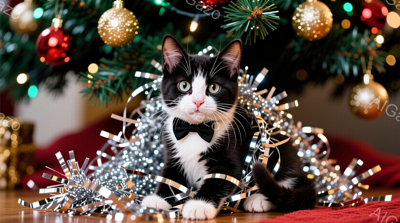 白と黒の猫が赤い敷物の上に座り、銀色のキラキラした飾りにつつまれています。猫は黒い蝶ネクタイをつけており、少し驚いたような、または好奇心旺盛な表情をしています。背景にはクリスマスツリーが飾られ、ぼやけ - AI生成フリー素材
