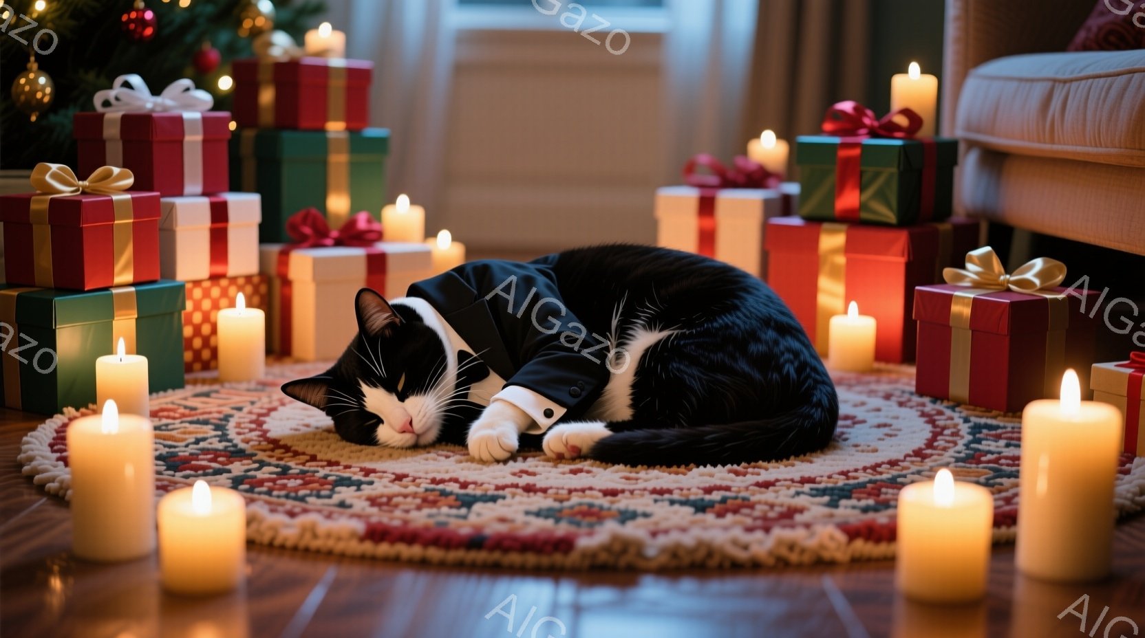 黒と白の猫が、丸いカーペットの上に仰向けになって眠っています。黒いスーツを着ており、まるで紳士のようです。背景にはクリスマスプレゼントや灯されたキャンドルが並び、暖かく穏やかな雰囲気が漂っています。
