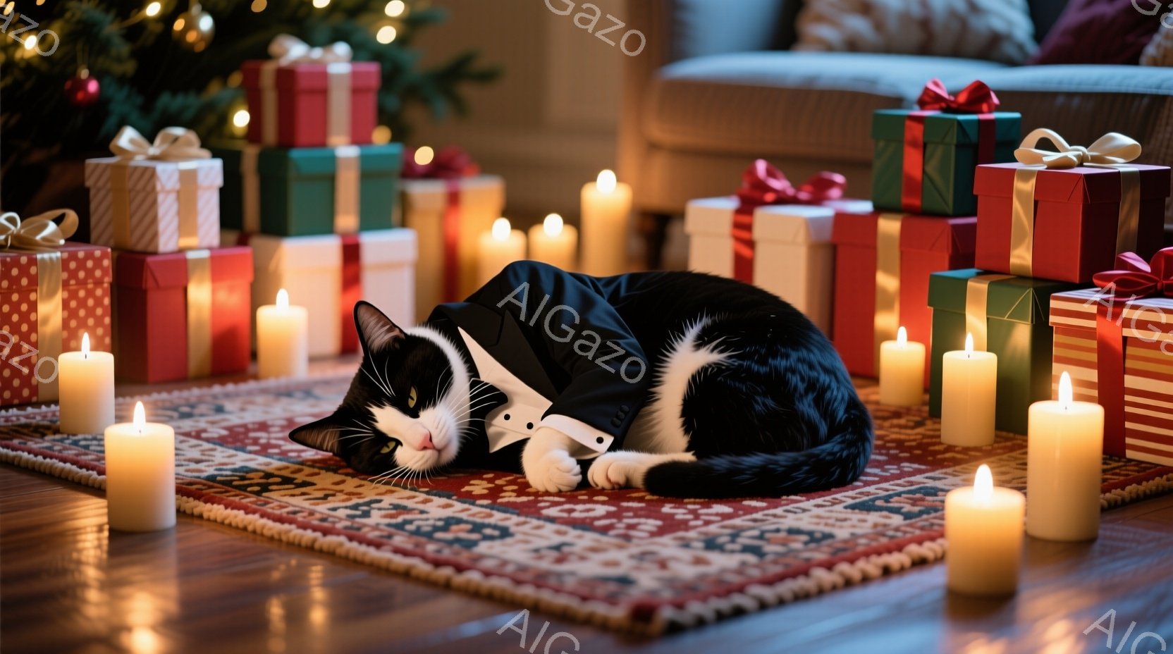 白と黒の猫が、赤い模様のある絨毯の上で仰向けに寝ています。黒いジャケットと蝶ネクタイを身に着け、まるで優雅な紳士のようにリラックスした様子です。背景には、クリスマスのプレゼントの箱や点灯されたキャンドルが並び、温かく幻想的な雰囲気を醸し出しています。