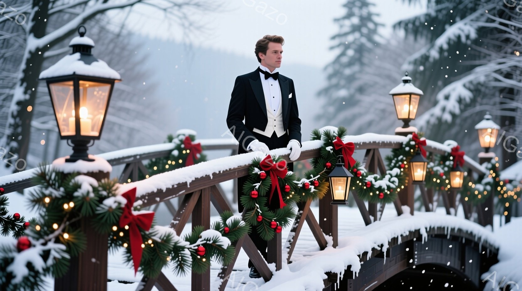 雪化粧された木々の間に架かる橋の上で、タキシードを着た男性が欄干に手を置き、遠くを見つめている。彼は黒髪を整え、真剣な表情で、冬の静寂の中に佇んでいる。背景には雪が降り積もる自然と、クリスマスの飾り付けが施された橋が広がり、ロマンチックで落ち着いた雰囲気を醸し出している。
