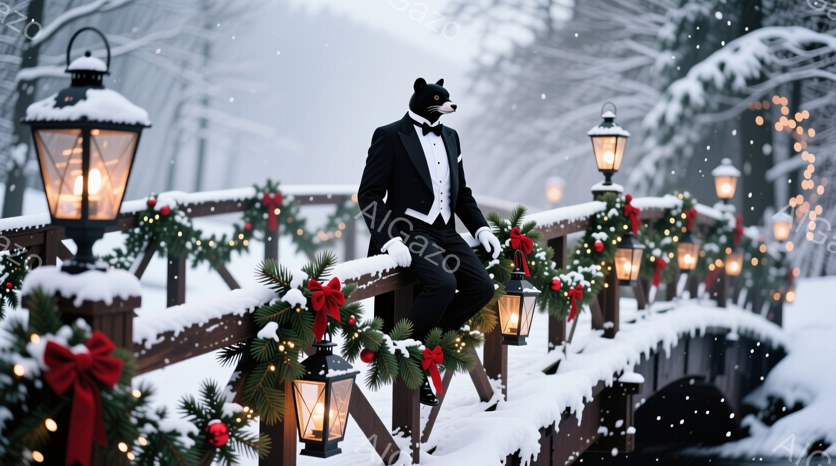 雪に覆われた橋の上で、猫の頭を持つ男性がフォーマルな服装で立っている。彼は黒いタキシード、白いシャツ、そして白の手袋を着用しており、片手を腰に当て、片手で橋の欄干に寄りかかっている。背景にはクリスマス - AI生成フリー素材