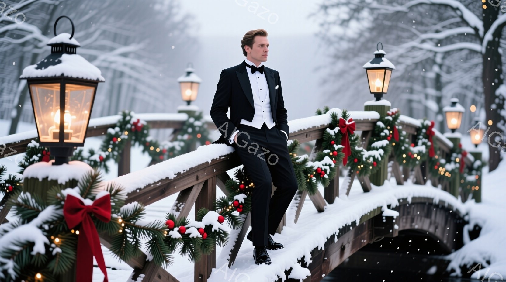 雪に覆われた木製の橋の上で、タキシードを着た男性が肘をついて立っている。彼は整髪され、黒髪で、少し憂いを帯びた表情をしている。背景には、クリスマスの飾り付けが施された橋と、雪が降る森が広がっており、優 - AI生成フリー素材