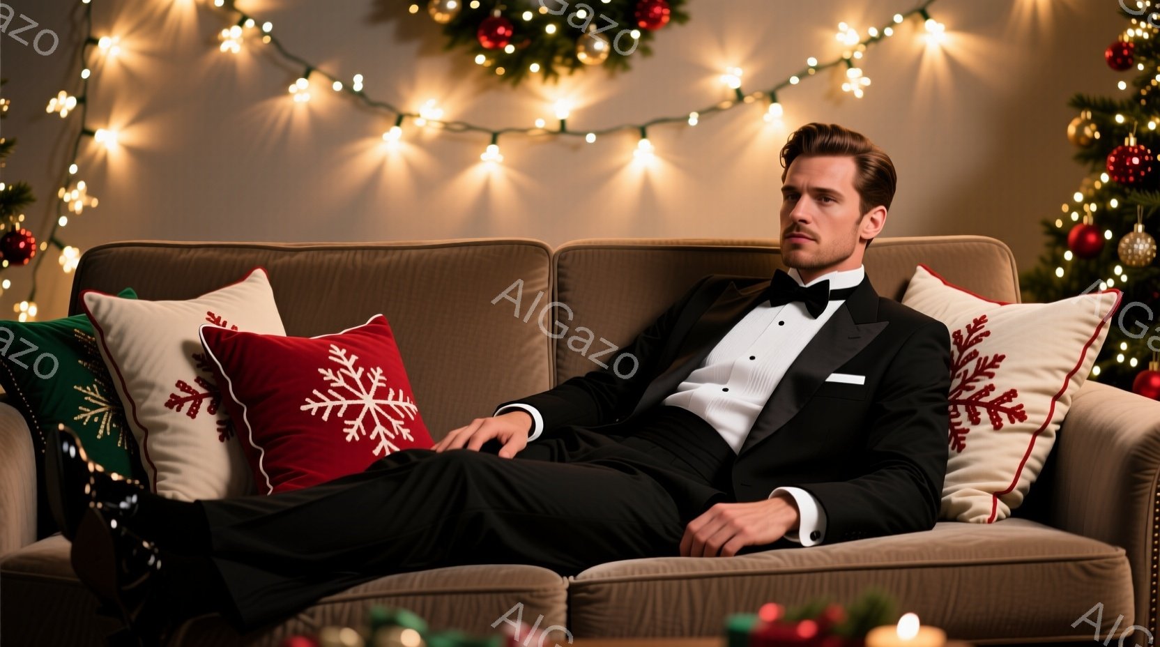 クリスマスの背景を背景に、タキシード姿の男性がソファーにリラックスして座っている様子が写っています。彼は黒のタキシード、白いシャツ、蝶ネクタイを身に着け、片手をソファーのクッションの上に置き、足を組ん - AI生成フリー素材