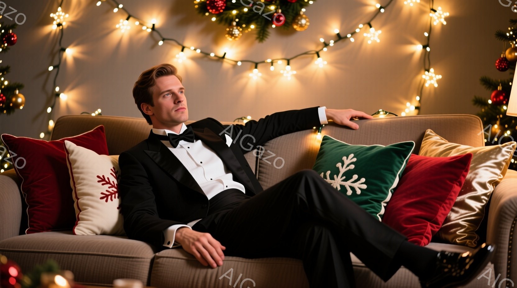 タキシードを着た男性が、クリスマスの装飾が施された部屋のソファにゆったりと座っています。彼は片手を肘掛けに置き、足を組んでリラックスした様子で、少し遠くを見つめています。背景には、光るクリスマスツリーとクッションが配置され、暖かく穏やかなクリスマスの雰囲気が漂っています。