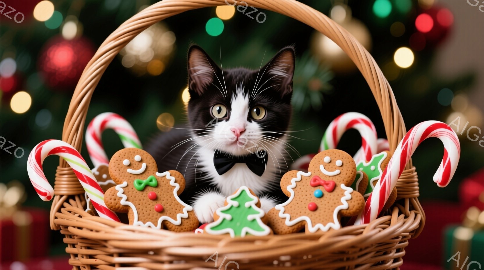 白と黒の猫が、クリスマスらしい籐のバスケットの中に座っており、首には小さな蝶ネクタイをつけています。バスケットの中には、ジンジャーブレッドクッキーやキャンディケーンが並び、猫はカメラ目線で少し控えめな - AI生成フリー素材