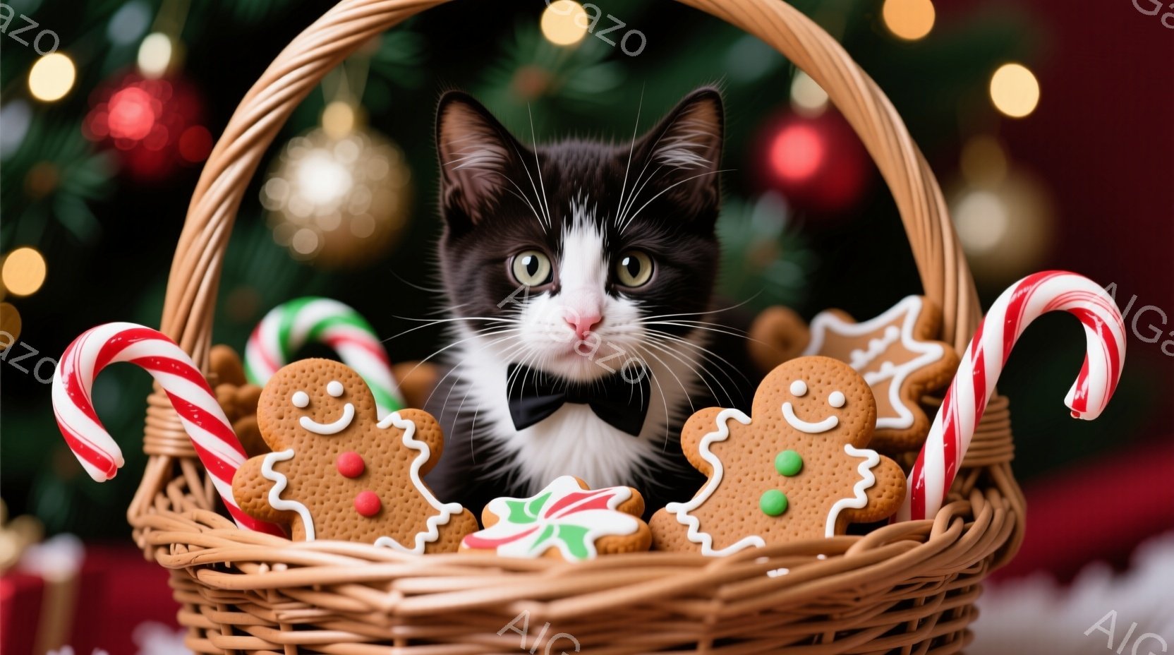 白黒模様の小さな子猫が、クリスマスらしい籐のバスケットの中に座っています。子猫は黒い蝶ネクタイをつけており、周囲にはジンジャーブレッドマンのクッキーやキャンディケーンが散りばめられています。背景にはぼやけたクリスマスツリーの飾りが見え、温かくお祝いムードに満ちた雰囲気です。