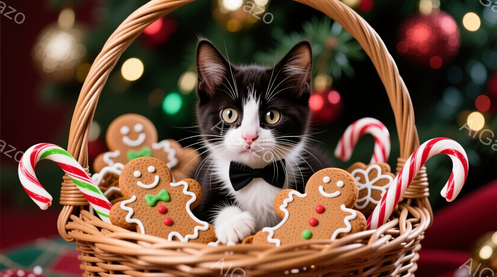 白と黒のまだら模様の猫が、クリスマスらしい籐かごの中に座っています。猫は蝶ネクタイをつけ、少し驚いたような表情でカメラを見ており、周囲にはジンジャーブレッドクッキーとキャンディケーンが散りばめられてい - AI生成フリー素材