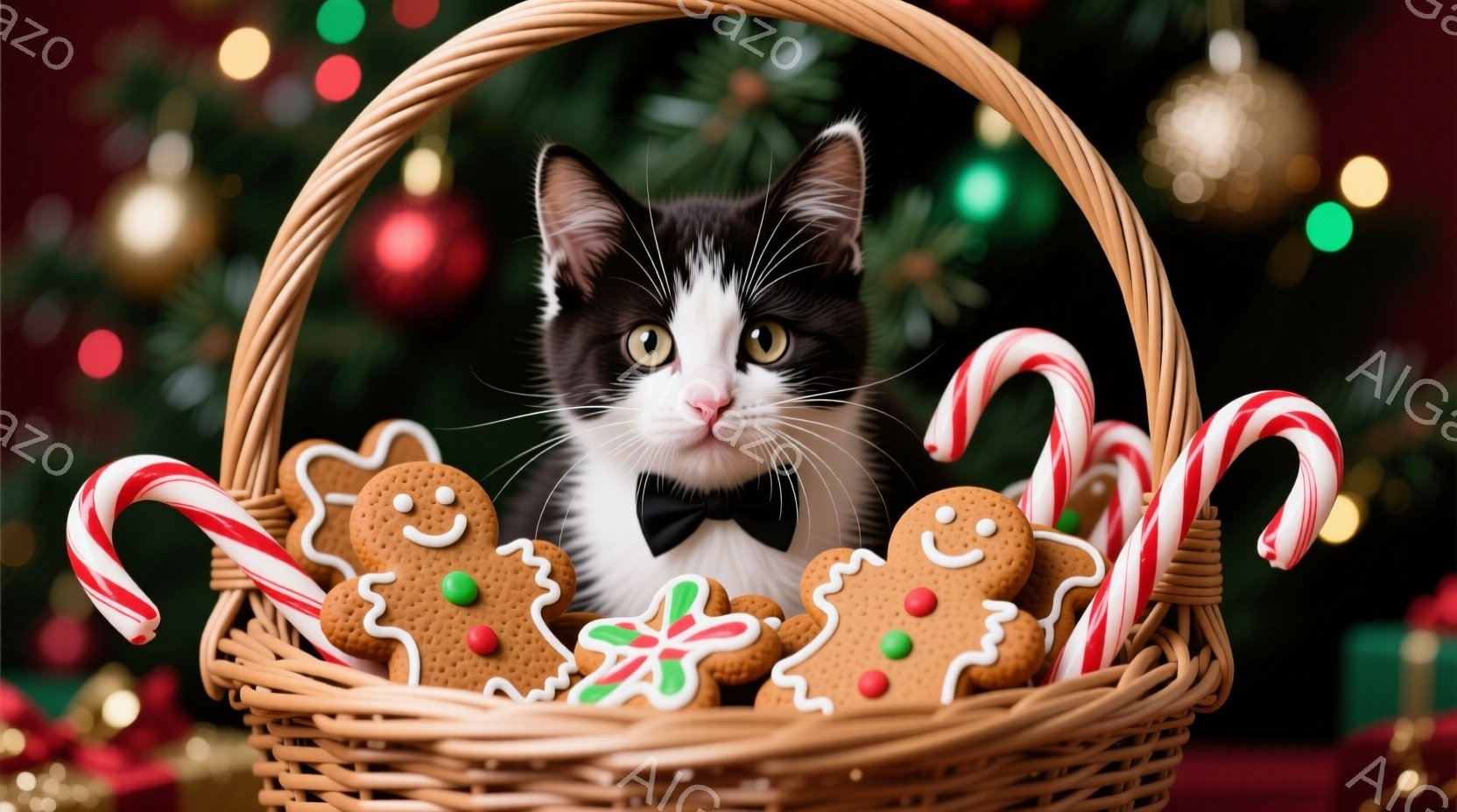 白と黒の猫が、クリスマスの飾り入ったバスケットの中に座っています。猫は黒い蝶ネクタイを付けており、少しいたずらっぽい表情でカメラを見つめています。背景には、クリスマスツリーの緑と色とりどりのオーナメン - AI生成フリー素材