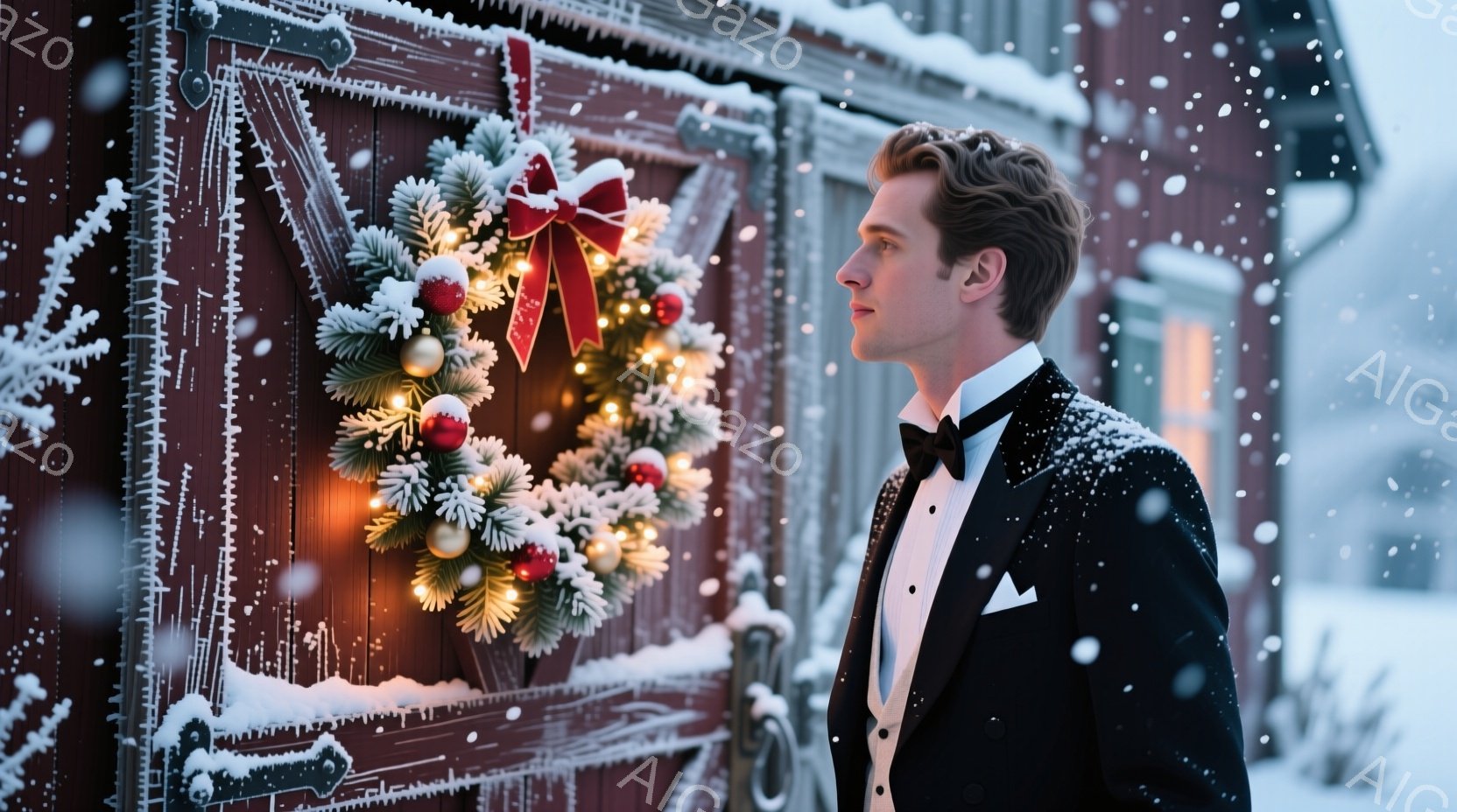 タキシードを着た男性が、雪が積もった赤い木造の壁の前に立っている。彼は黒い蝶ネクタイと白いポケットチーフを身に着け、整髪された髪型で横顔を見せている。背景には雪が舞い降り、クリスマスデコレーションとして華やかなリースが飾られている全体的に、温かくロマンチックな冬の雰囲気を醸し出している。