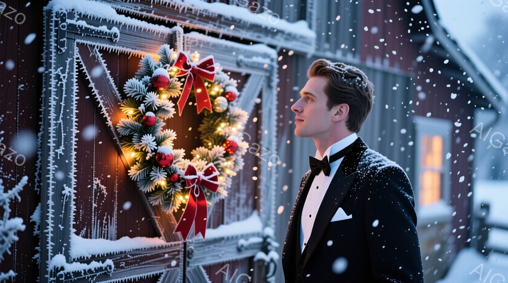 男性がタキシードを身につけ、正装で雪の中で花祭りのウィンドウに注意を向ける。彼は感動的な表情を見せています。