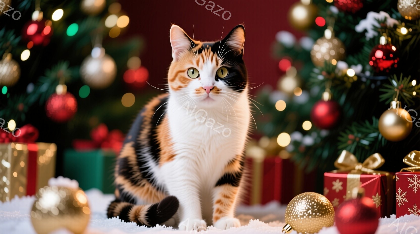 白、オレンジ、黒のまだら模様の猫が、雪のような白い背景の上に座っています。猫は正面を見据え、少し微笑んでいるような表情をしています。背景にはクリスマスツリーとプレゼントの箱が配置され、お祝いの雰囲気を醸し出しています。