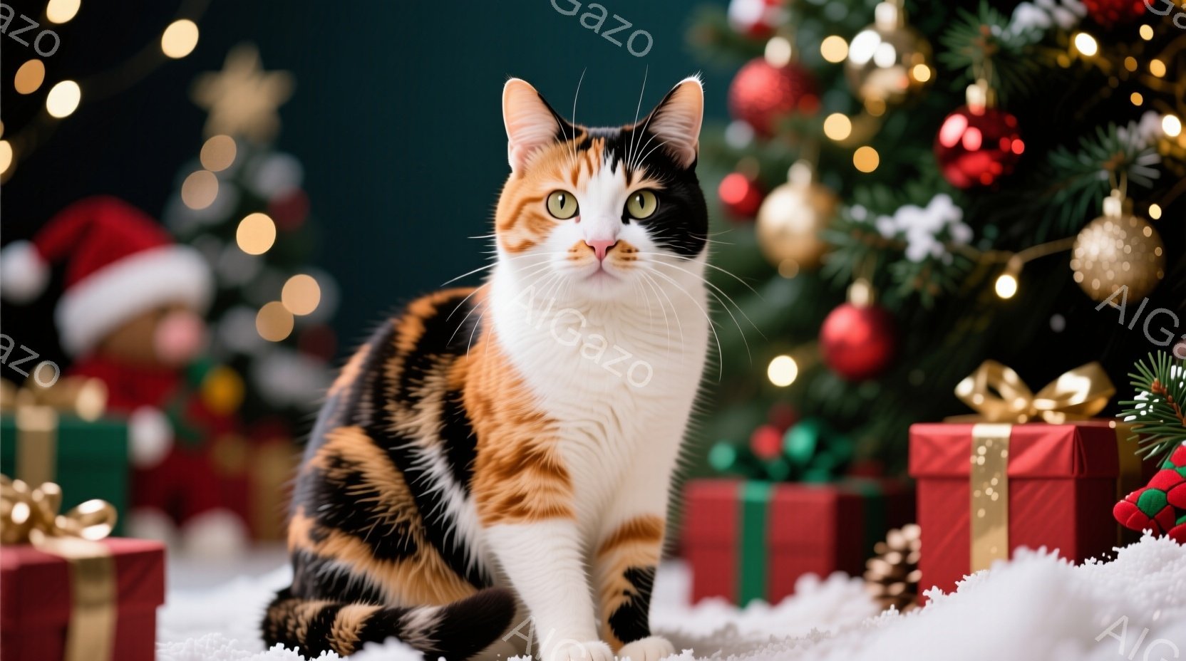 白、オレンジ、黒のまだら模様の猫が、雪の上に座ってこちらを見ています。背景には、飾り付けられたクリスマスツリーとプレゼントの箱が置かれ、温かく華やかなクリスマスの雰囲気が漂っています。猫の表情は穏やかで、リラックスした様子が伺えます。