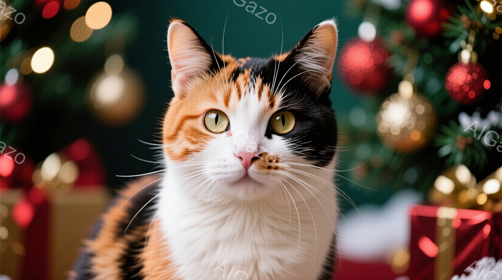 白、オレンジ、黒のまだら模様の猫が、正面をまっすぐ見つめています。緑色の背景には、クリスマスツリーの飾りやプレゼント箱がぼやけて写り、温かくお祝いムードを演出しています。猫の表情は穏やかで、そのつぶらな瞳が印象的です。