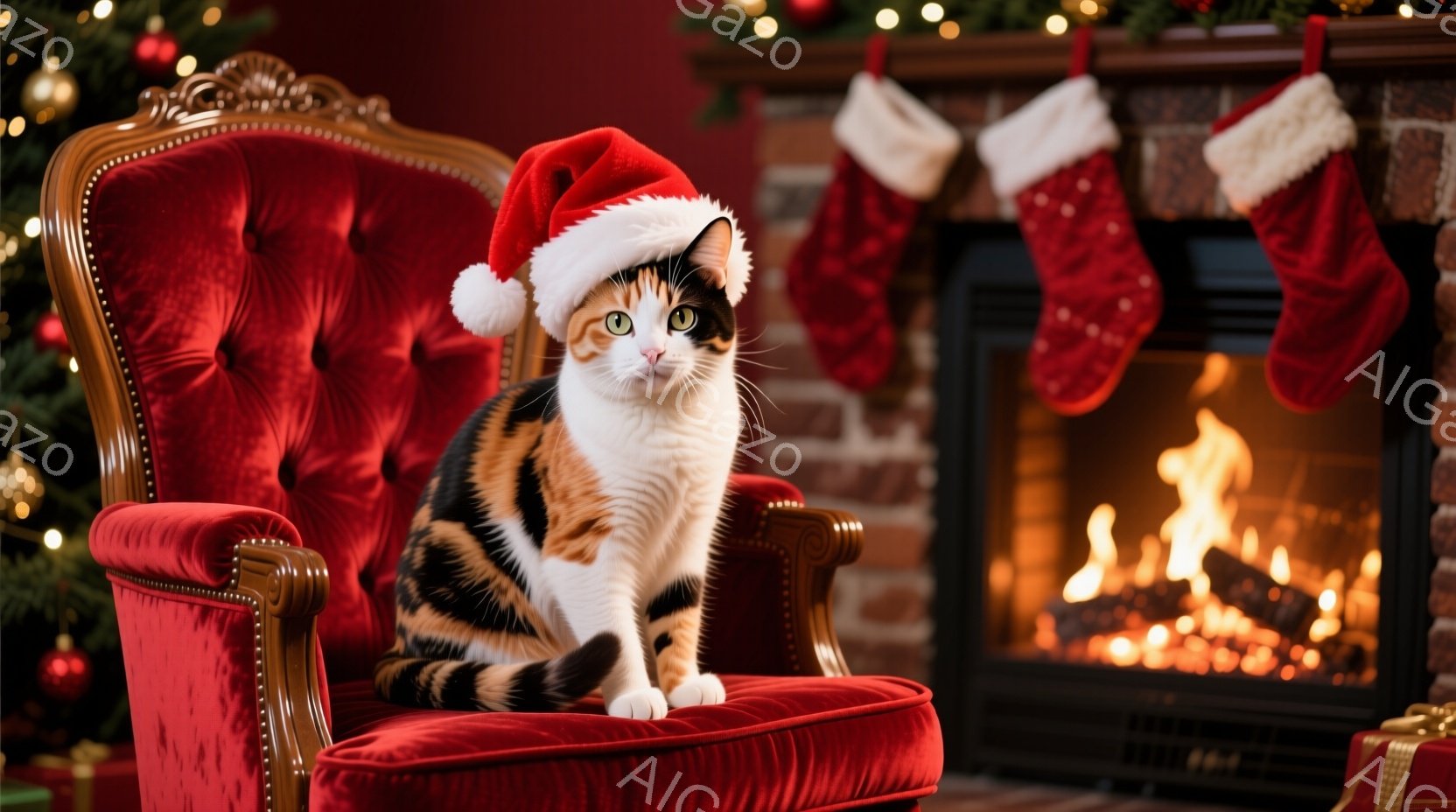 白と黒とオレンジのまだら模様の猫が、赤いクリスマス柄の肘掛け椅子に座っています。猫は赤いサンタの帽子をかぶっており、少し困ったような表情で正面を見ています。背景には、暖炉の火とクリスマスの装飾、そしてクリスマスツリーが見え、温かくお祝いムード満載の雰囲気です。