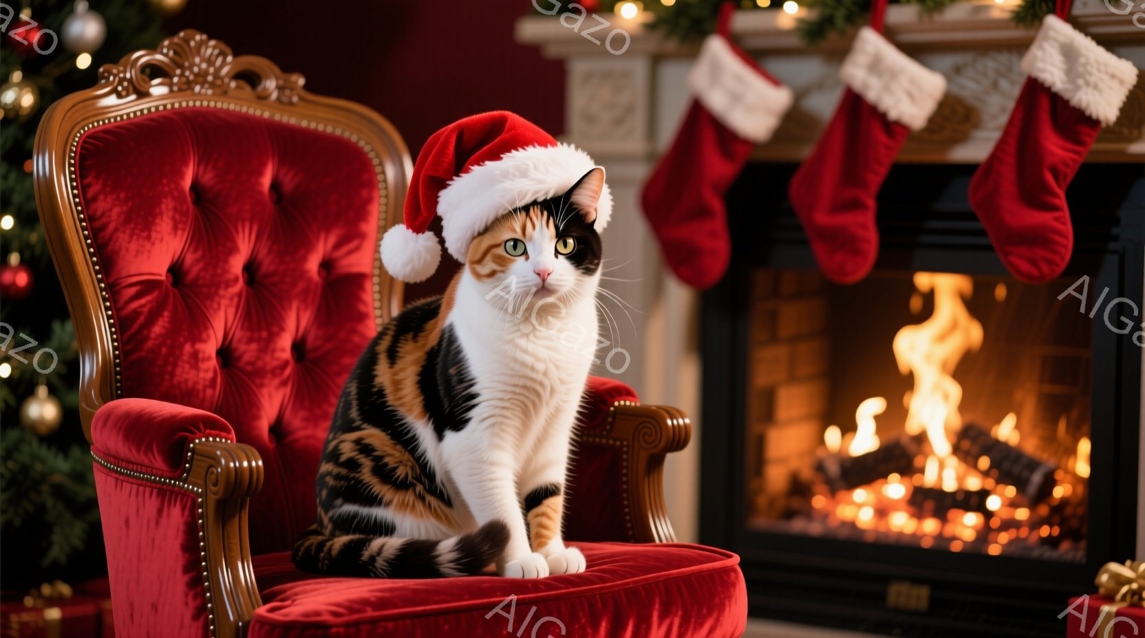 白と茶色の毛並みを持つ猫が、赤いクリスマス風の椅子に座り、サンタの帽子をかぶっています。背景には暖炉があり、燃え盛る炎が温かい光を放ち、クリスマスソックスが暖炉の上に飾られています。全体的に、暖かく、お祝いのムードが漂い、ホリデーシーズンを象徴する可愛らしい光景です。