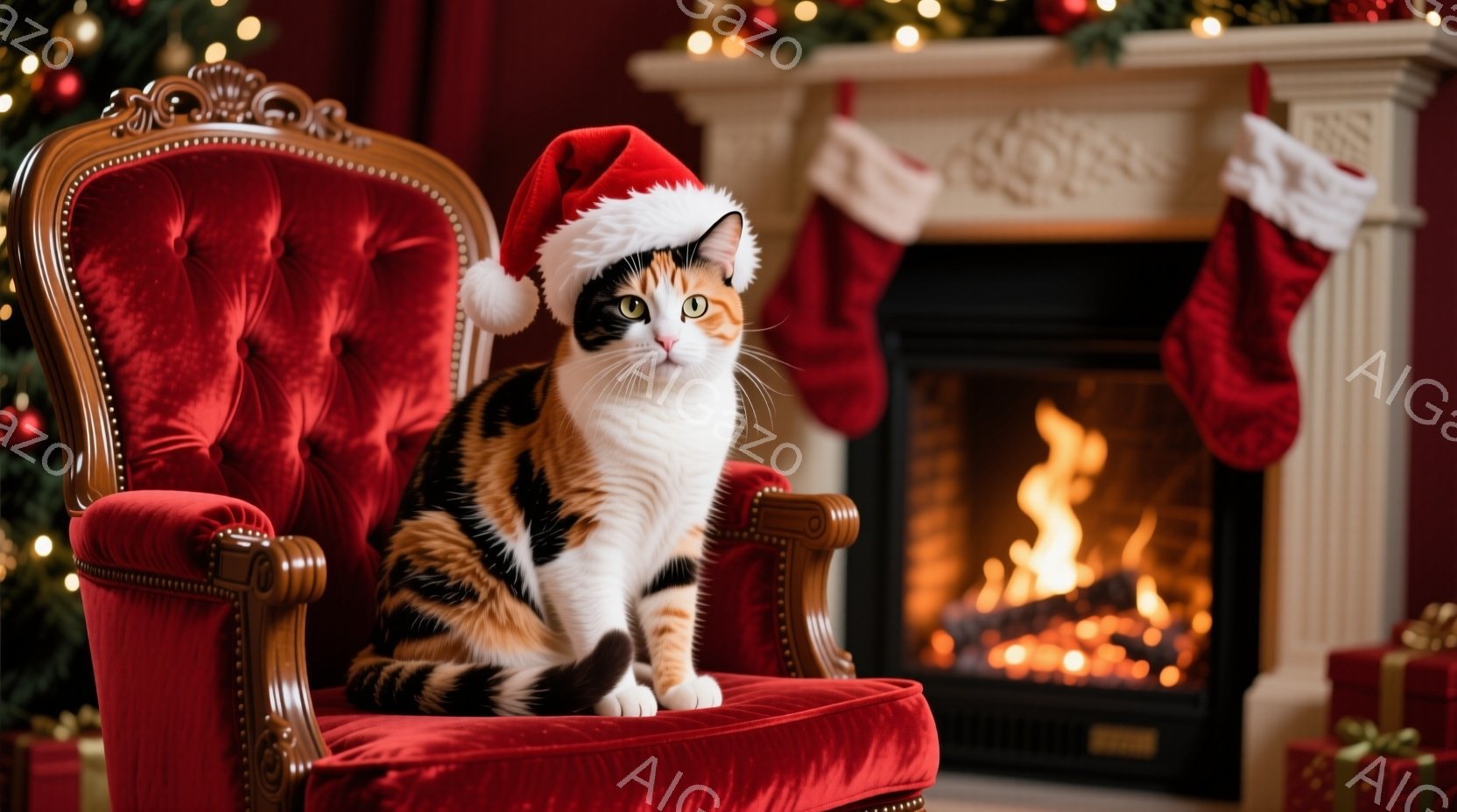 白とオレンジと黒のまだら模様の猫が、赤いベルベットの肘掛け椅子に座っており、頭にはサンタの帽子をかぶっています。暖炉が燃え盛っており、赤いクリスマスソックスとプレゼントが背景に見え、お祝いの雰囲気が漂っています。猫は正面を見ており、少し警戒しているような、あるいは興味津々な表情をしています。