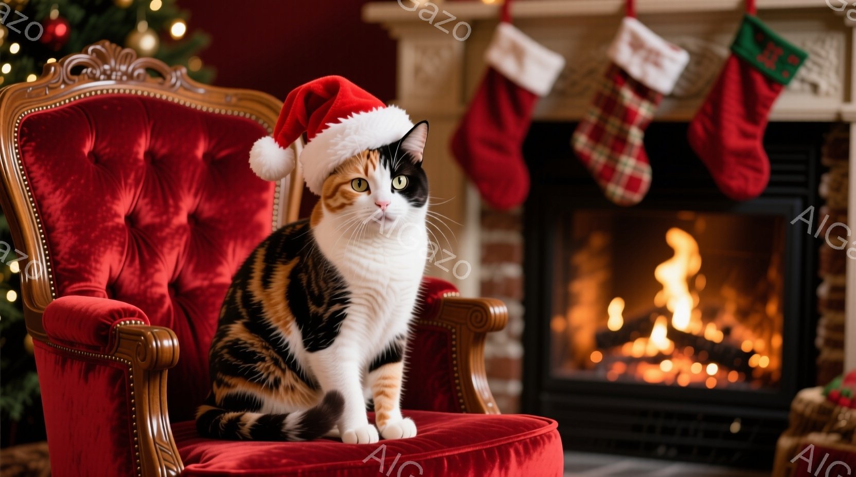 白と黒とオレンジ色の毛並みを持つ猫が、赤いベルベットの肘掛け椅子に座っています。猫はクリスマス柄の赤い帽子を被っており、正面を少し上目線で見ており、落ち着いた表情をしています。背景には暖炉があり、炎が - AI生成フリー素材