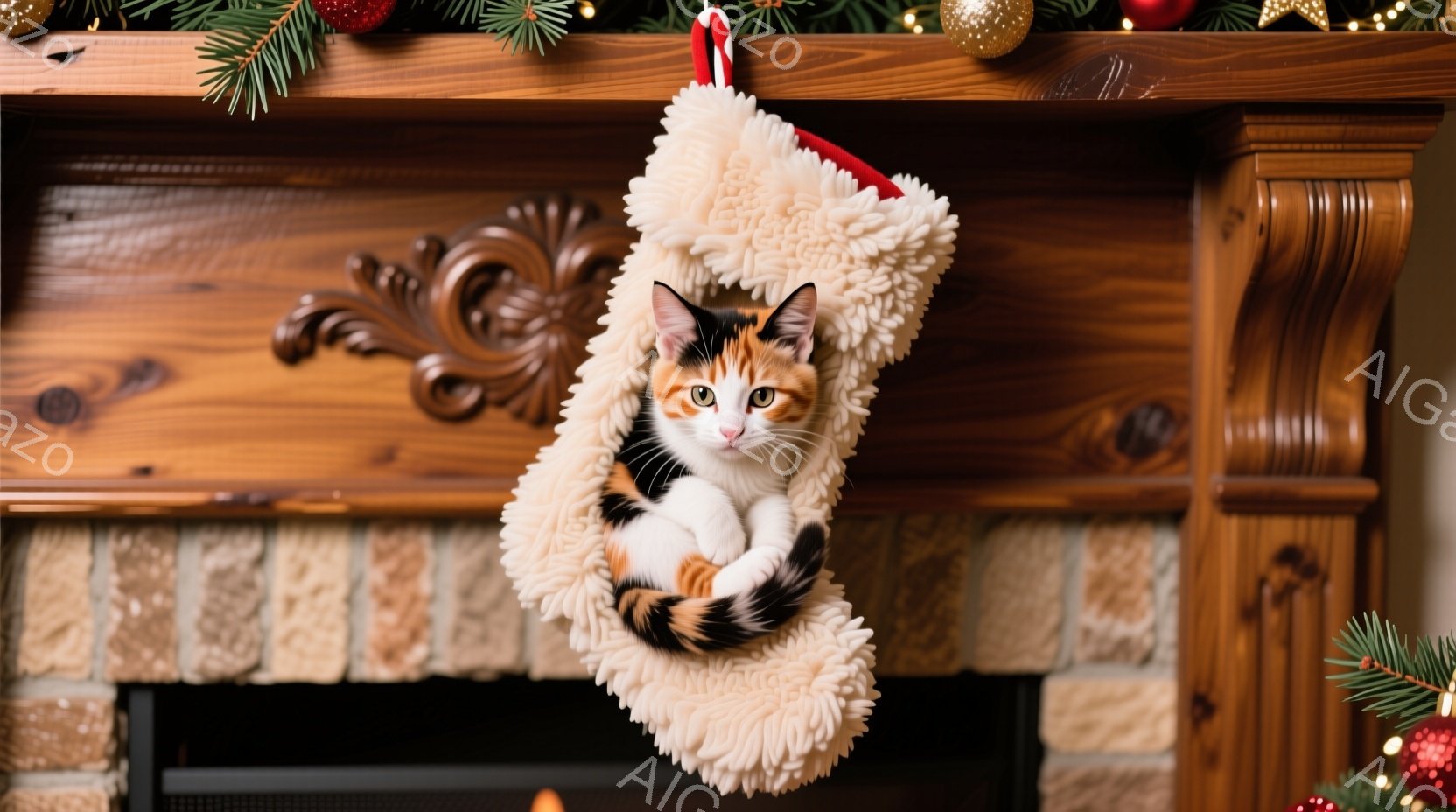 茶色、白、黒のまだら模様の猫が、クリスマス柄の靴下の中に丸まって座っています。背景にはレンガ造りの暖炉と、クリスマスツリーの飾りが見え、温かくお祝いムードに包まれています。猫はリラックスした表情で、心地よい空間でくつろいでいる様子が伺えます。