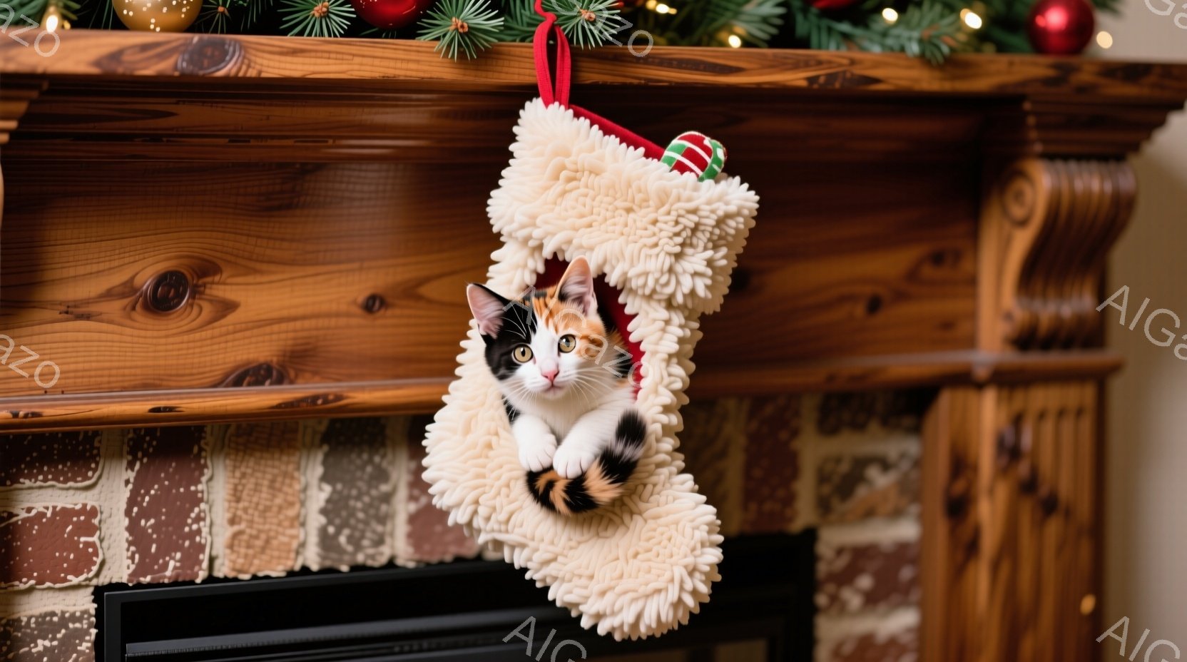 白、黒、オレンジのまだら模様の小さな子猫が、ふわふわのクリーム色のクリスマスストッキングの中に隠れています。子猫は前足をストッキングの縁にかけ、好奇心旺盛な表情でカメラを見つめています。背景にはレンガ - AI生成フリー素材