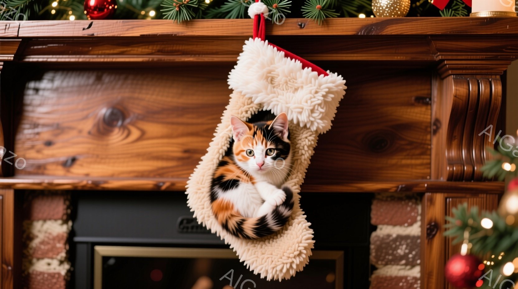 一足のクリスマスストッキングの中に、三毛猫が丸まって眠っています。ストッキングはクリーム色のフワフワとした素材で、赤いリボンと白いファーの縁取りが特徴的です。背景にはレンガ造りの暖炉と、クリスマスツリ - AI生成フリー素材