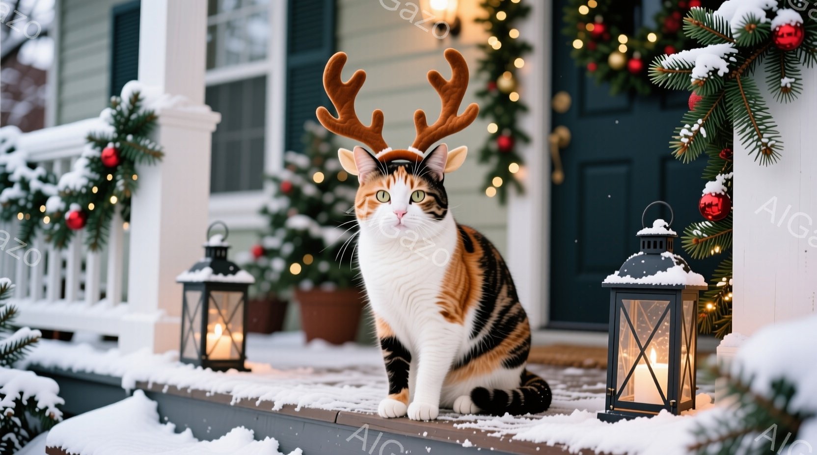 白とオレンジ色のまだら模様の猫が、クリスマスの角飾りをつけて玄関の階段に座っています。背景には、クリスマスリースやイルミネーションで飾られた玄関ドア、雪で覆われたベランダ、そして点灯されたキャンドル付 - AI生成フリー素材