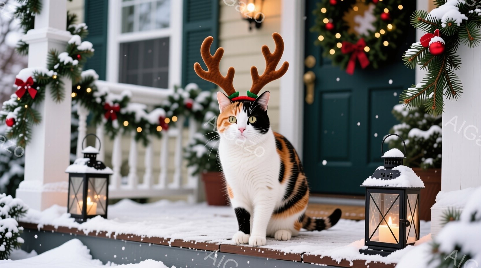 白とオレンジ色の毛並みを持つ猫が、クリスマスの角の飾りを付けてベランダに座っています。背景には、装飾されたクリスマスツリーと、点灯されたランタンがあり、雪が舞っています。全体的に、温かく、お祝いムード - AI生成フリー素材