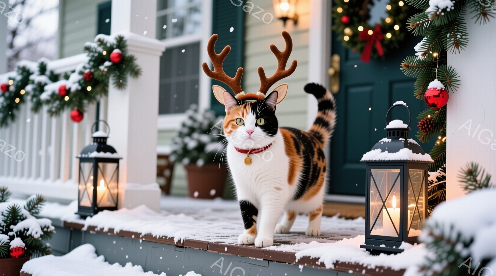 白と黒とオレンジ色のまだら模様の猫が、クリスマスのトナカイの角を付けて、家のポーチの階段に立っています。猫は赤い首輪を付けており、少し緊張した表情で正面を見つめています。背景にはクリスマス装飾が施された家、雪で覆われた階段、そして点灯されたランタンがあり、温かくお祝いの雰囲気です。