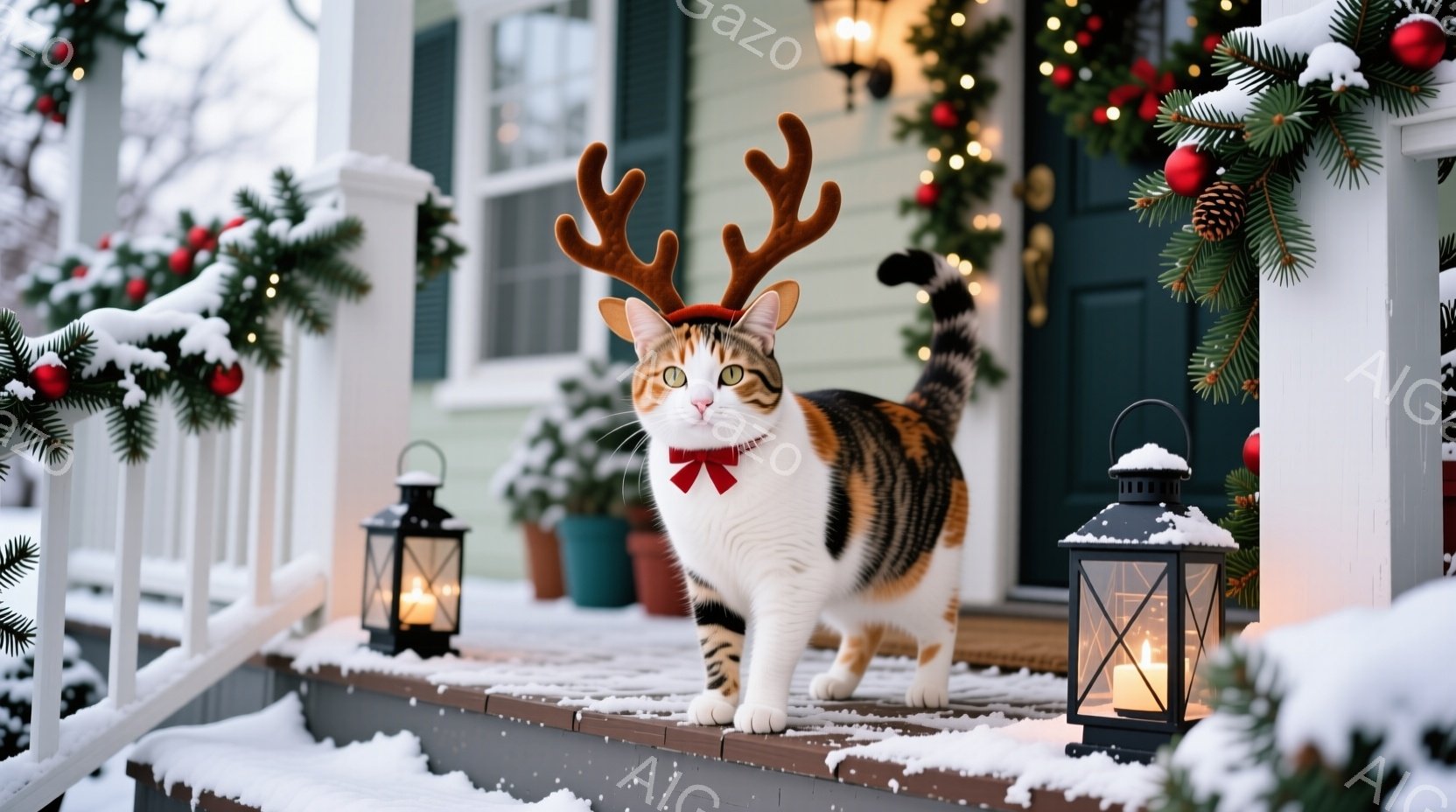 白と茶色の猫が、トナカイの角と赤い蝶ネクタイをつけて、雪の積もった家のポーチに立っています。背景には緑色の壁とクリスマスの装飾が施されたフェンスがあり、雪がちらちらと舞い降りています。全体的に、暖かく、お祝いの雰囲気が漂う、可愛らしい冬の光景です。