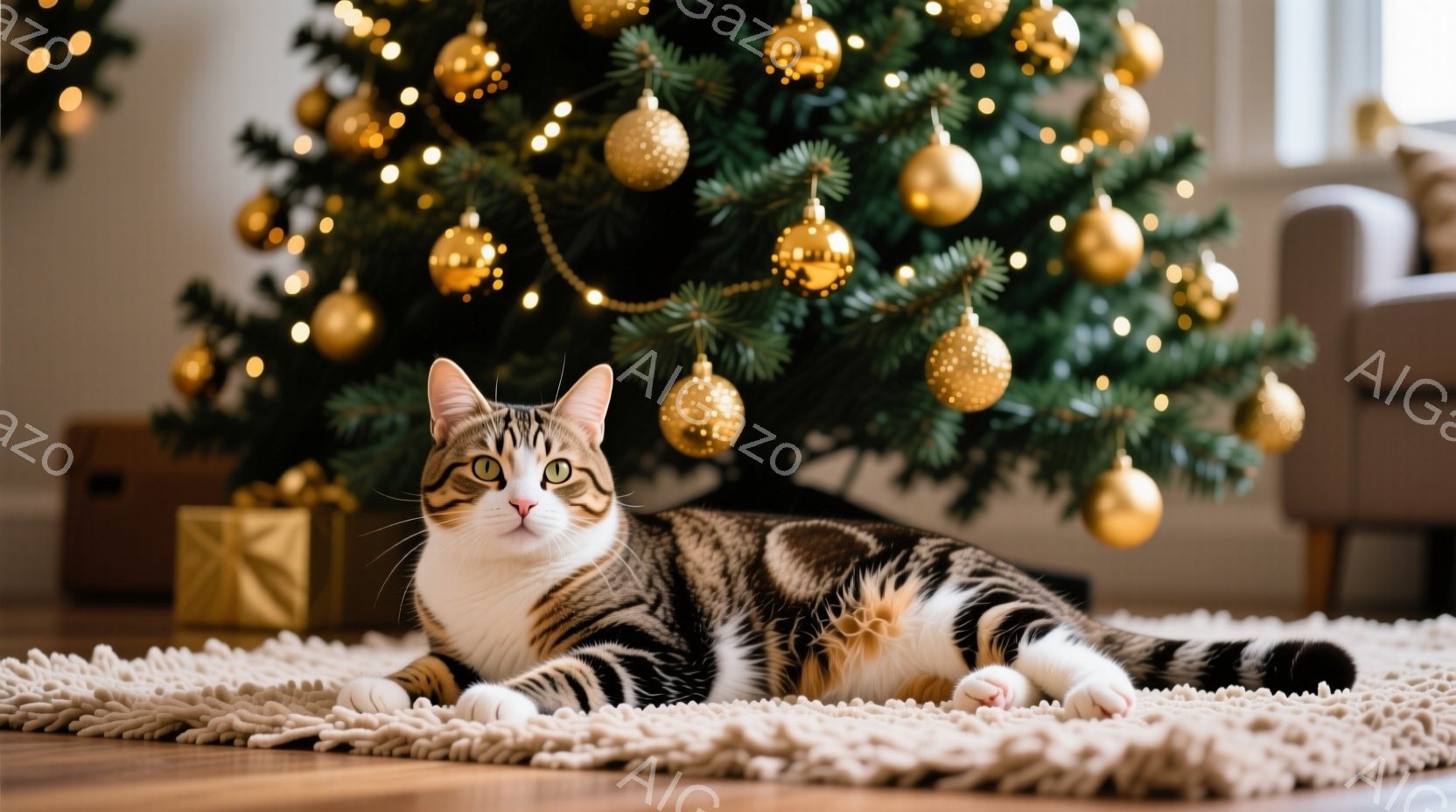 白と茶色の縞模様の猫が、クリーム色のラグの上に横たわっています。背景には、金色のオーナメントで飾られたクリスマスツリーがあり、プレゼントの箱もわずかに見えます。暖かく、居心地の良い、お祝いの雰囲気が漂 - AI生成フリー素材