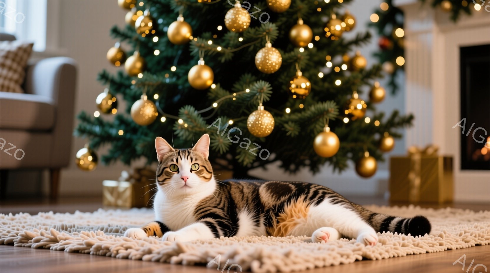 白と茶色の縞模様の猫が、ふわふわしたクリーム色のラグの上に横たわっています。背景には、金色のオーナメントと光で飾られたクリスマスツリー、そしてプレゼントボックスが見えます。暖炉の明かりが温かい雰囲気を - AI生成フリー素材