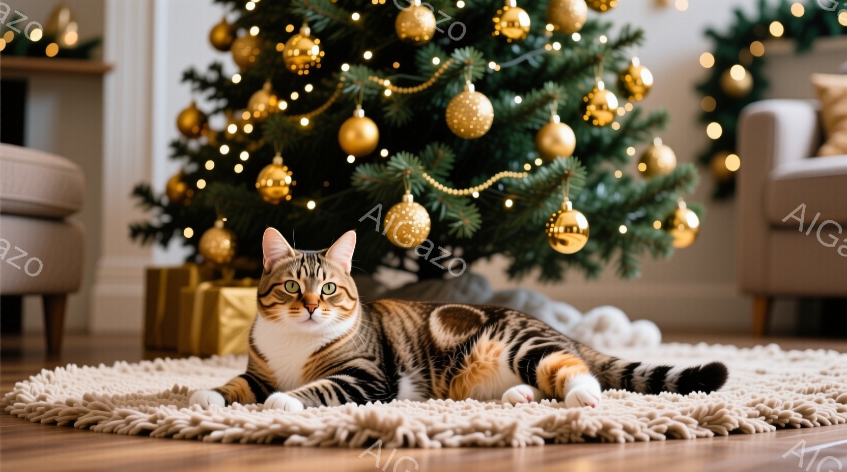 茶色の縞模様の猫が、ふわふわした丸いラグの上でリラックスして横たわっています。背景には、金色のオーナメントと光で飾られたクリスマスツリーがあり、部屋は温かく、お祝いの雰囲気です。猫は前足を伸ばし、穏や - AI生成フリー素材