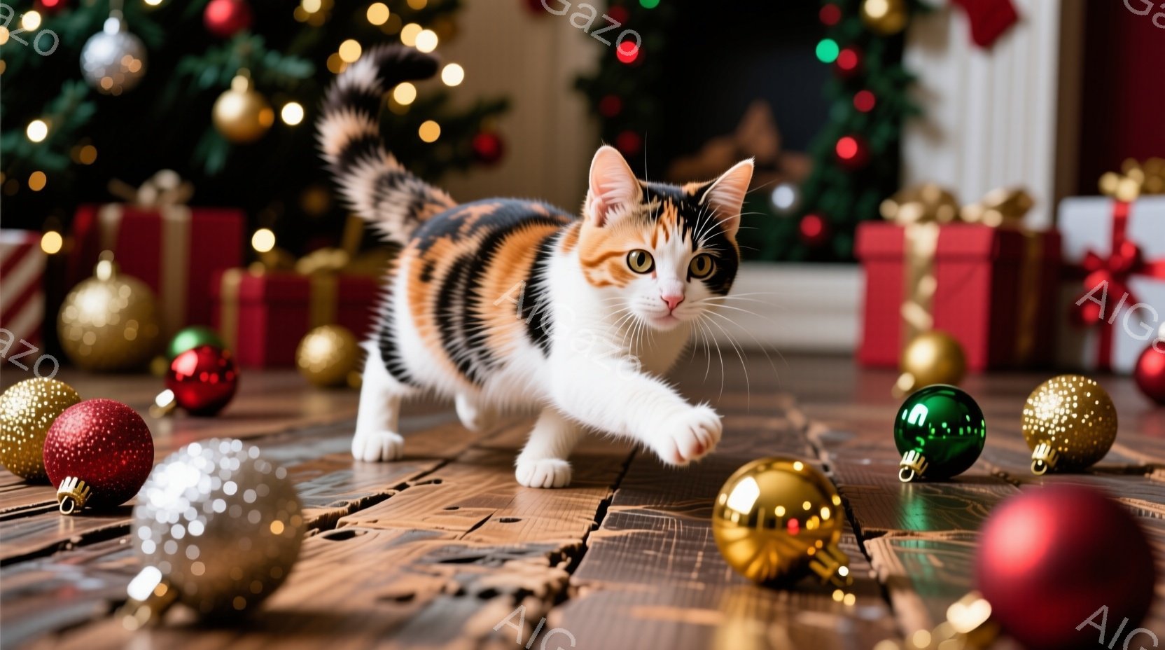 白地にオレンジと黒の模様が入った子猫が、クリスマスオーナメントが散らばる木の床の上を歩いている。子猫は前足を伸ばし、遊び心のある表情でカメラを見つめている。背景には、ぼやけたクリスマスツリーとプレゼントボックスが見え、暖かく華やかなクリスマスの雰囲気が漂っている。