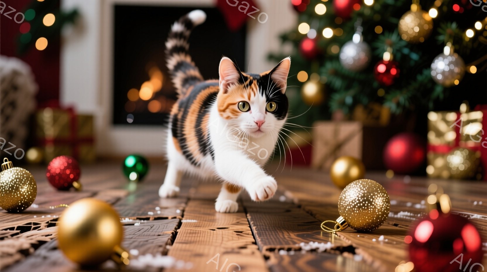 白とオレンジと黒のぶち模様の猫が、クリスマスのオーナメントが散らばる木の床の上を、前足を伸ばして歩いています。背景には、飾り付けられたクリスマスツリーと、ぼんやりとした暖炉の光が見え、全体的に暖かくお - AI生成フリー素材