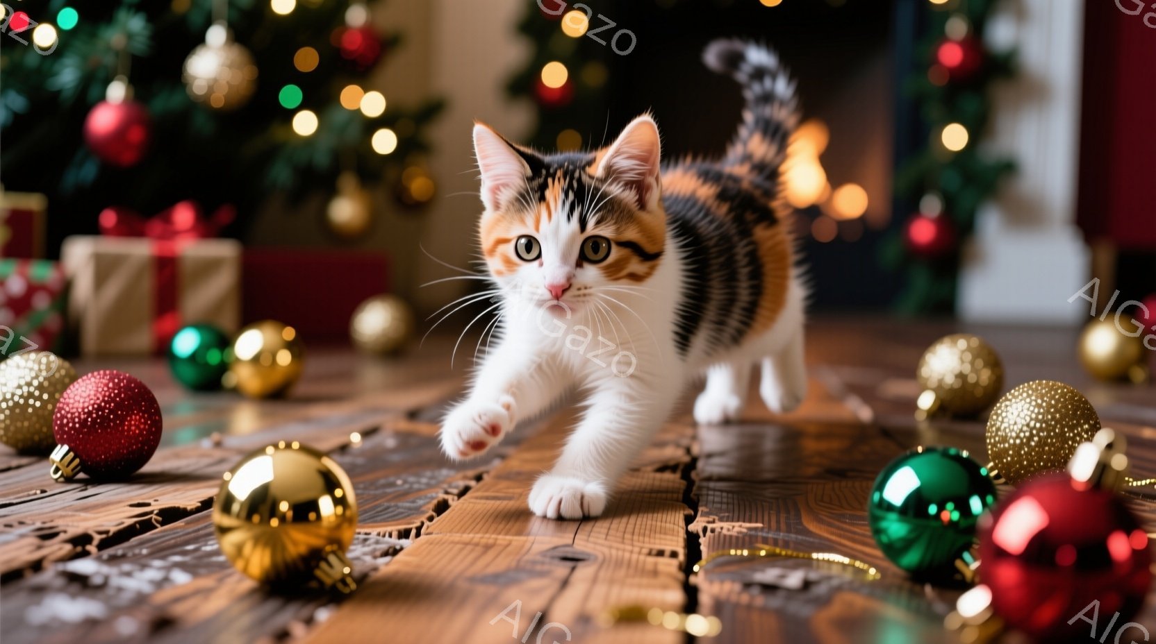 白を基調とした三毛猫が、クリスマスオーナメントが散らばる木の床の上を歩いている様子が捉えられています。猫は前足を伸ばし、好奇心に満ちた表情でカメラの方を見つめており、背景にはぼやけたクリスマスツリーと、温かい光が灯る暖炉が見えます。全体的に、クリスマスの温かく、遊び心のある雰囲気が漂っています。