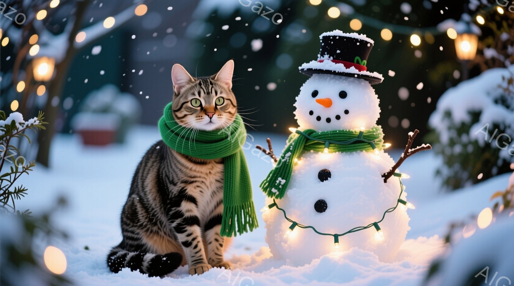 白い雪の上に、緑のスカーフを巻いた縞模様の猫が座っています。猫は前足を揃えて座り、少し上目遣いでこちらを見ています。背景には、電飾で飾られた雪だるまがあり、雪が舞う冬の穏やかな雰囲気が漂っています。