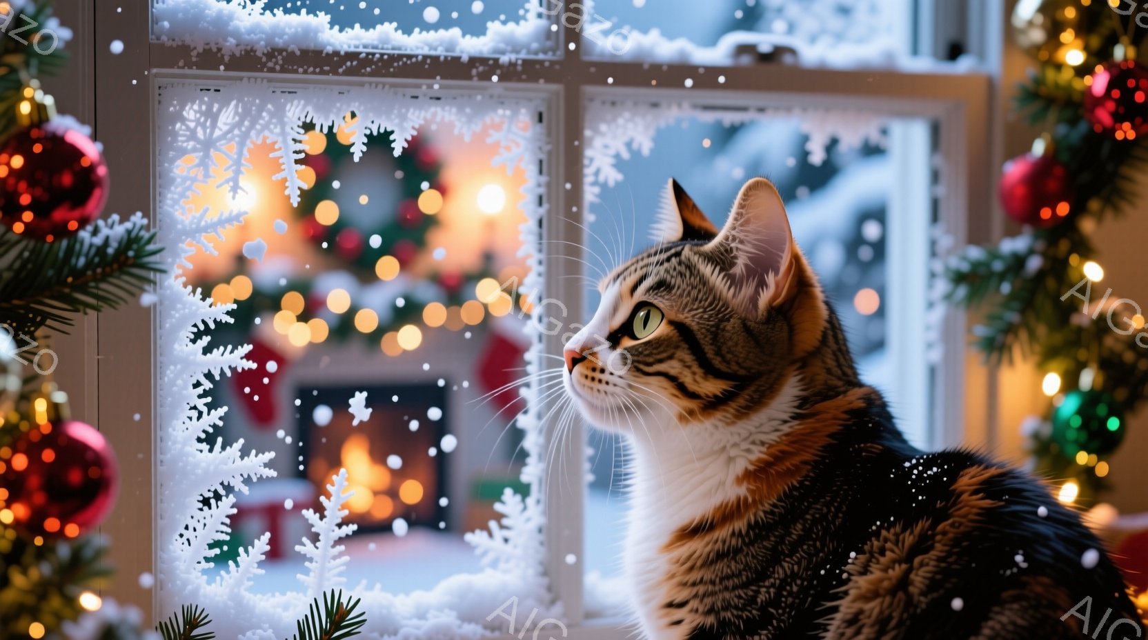 窓辺に座る縞模様の猫が、暖炉の炎と雪景色を眺めている。猫は白と茶色の毛並みで、鋭い眼差しで何かを見つめているようだ。背景には、クリスマスツリーの装飾と暖炉の光が暖かく、冬の穏やかな雰囲気を醸し出してい - AI生成フリー素材