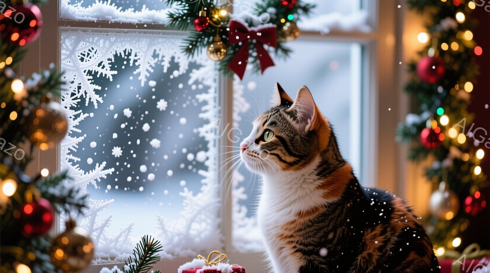 白と茶色のまだら模様の猫が窓辺に座り、外を見つめている。背景には、クリスマスツリーや装飾が輝き、雪が降る冬の景色がぼんやりと見える。暖かく、居心地の良いクリスマスの雰囲気が漂う写真である。 - AI生成フリー素材