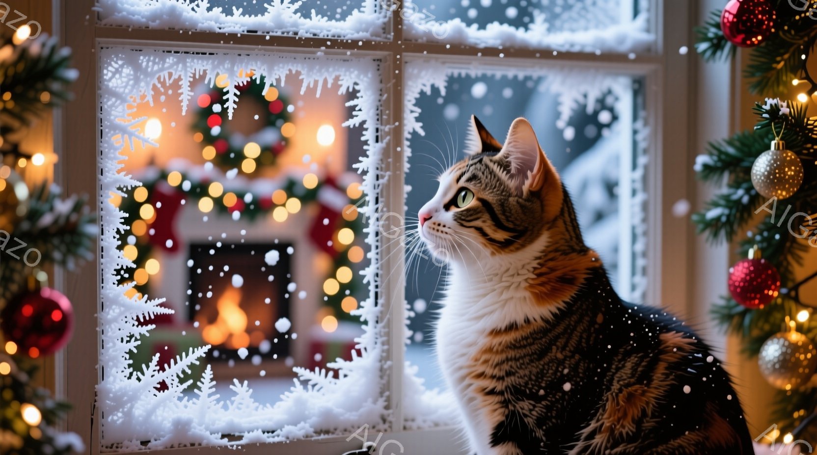 縞模様の猫が窓辺に座り、暖炉の火とクリスマスの飾りを見つめている。窓には雪の結晶模様が描かれており、背景にはぼんやりとクリスマスツリーの明かりが灯っている。全体的に暖かく、穏やかで、冬のホリデーシーズ - AI生成フリー素材
