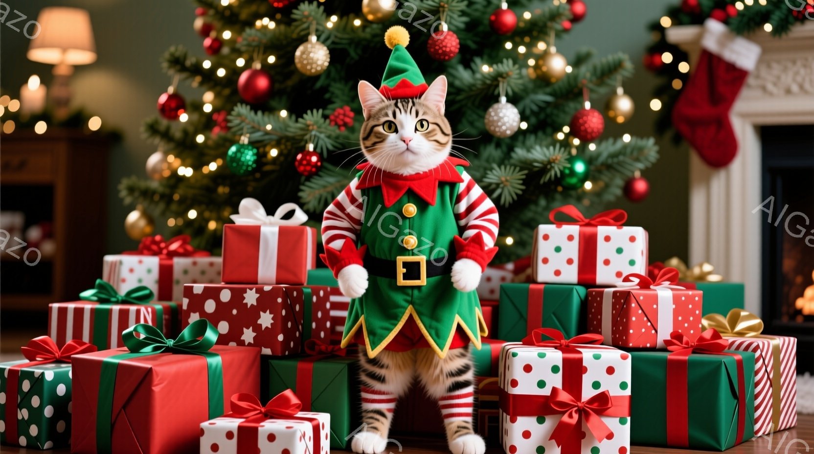 猫がクリスマス風の衣装を着て、プレゼントの山の上に立っています。緑と赤のストライプの袖と帽子、そして金色のバックルが特徴的な衣装を着て、前足を少し広げ、少し驚いたような表情をしています。背景には、装飾 - AI生成フリー素材